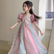 女童连衣裙2024夏季中国风时尚长裙，宝宝网纱汉服，裙子粉色系公主裙