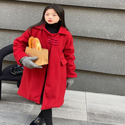 女童毛呢大衣外套秋冬季2023中长款洋气，冬装儿童大童红色呢子