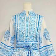 外贸瘦长蓝白印花 立领灯笼袖单排扣 腰带收腰显连衣裙款秋季