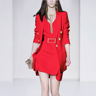 职业套装女红色欧美西装名媛外套，v领连衣裙工装套装裙
