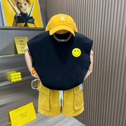 黄色笑脸背心上衣儿童中小童装，2024夏季男女童韩版卡通休闲