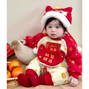 婴儿衣服新年拜年服连体衣冬季男女，宝宝加绒加厚中国风过年外出服