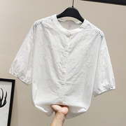 白色衬衫女中袖2023年夏装甜美气质镂空刺绣花朵衬衣纯棉宽松上衣