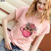 owltshirt女装夏卡通(夏卡通)猫头鹰印花设计感短袖，t恤女粉色打底衫