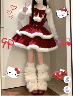 洛丽塔少女圣诞新年战袍，可爱红色毛绒娃娃领衬衣，丝绒背带蓬蓬裙子