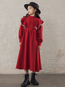 女童裙子秋装2023少女，中大童森系红色荷叶，边中长款洋气公主裙