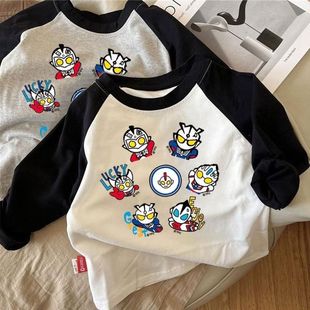 儿童春秋拼色长袖t恤宝宝，韩版奥特曼男童卡通，印花打底衫上衣