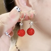 日韩潮新年红色球球，s耳环女百搭气质，耳扣圆形镶钻耳坠时尚