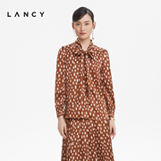 LANCY/朗姿2023春季印花衬衫女高级感通勤飘带职业长袖衬衣