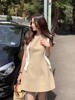 韩国chic夏季法式复古风圆领收腰显瘦小个子A字无袖背心连衣裙女