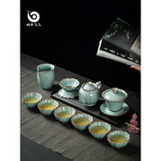 景德镇汝窑功夫茶具套装，家用办茶道家用茶壶茶杯，整套中式陶瓷礼盒