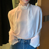 韩国chic春季法式温柔立领，飘带撞色波点设计宽松百搭长袖衬衫上衣