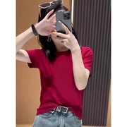 酒红色短袖t恤女夏季2024圆领时尚洋气减龄纯色半袖体恤ins潮