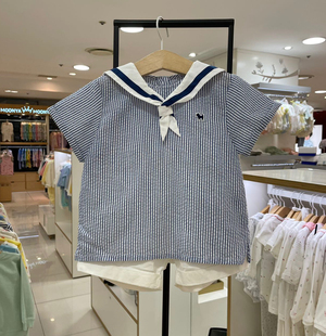 出口韩国童装 24夏男女宝儿童蓝色条纹海军领短袖短裤套装