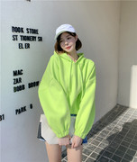 韩国2023春秋季小个子外套，连帽短款卫，衣女加绒荧光绿上衣小众