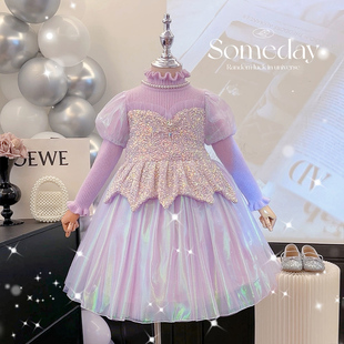 女童连衣裙冬季2024洋气宝宝紫色毛衣裙(毛衣裙)儿童针织爱莎公主裙子