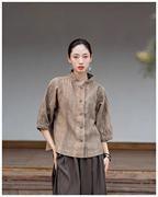 中式复古立领棉麻做旧炒色大地黄七分收口袖外套上衣W072