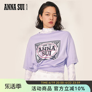 ANNA SUI 经典紫色安娜苏logo复古风印花宽松圆领短袖上衣T恤女棉