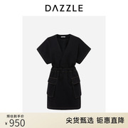 dazzle地素奥莱牛仔连衣裙春夏装，黑色气质假两件裙子短裙女