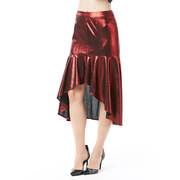 闪亮烫金红色高腰半身裙，欧美街头女装荷叶，边中裙不规则下摆鱼尾裙
