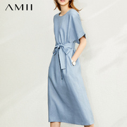 Amii短袖连衣裙2024夏季亚麻女成人夏天气质长款高端长裙