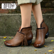 相伴羊皮短靴女民族风，春秋单靴复古软底冬季靴子设计原创真皮女靴