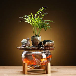 新中式循环流水摆件风水招财，创意玻璃小型鱼缸客厅办公室桌面装饰