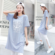 韩国版型设计纯棉条纹海军衫夏季宽松长款休闲圆领短袖T恤衫女装