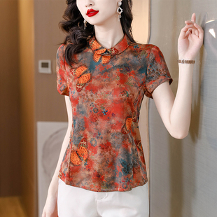 中国风印花短袖衬衫，女士夏季中年妈妈旗袍，式上衣修身气质小衫