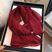百搭酒红色棉麻围巾女冬季2024装饰丝巾小长条纯色保暖小领巾