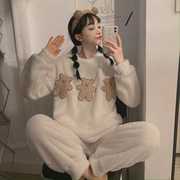 ins韩国小熊珊瑚绒睡衣，少女秋冬季可加绒加厚法兰绒家居服两件套