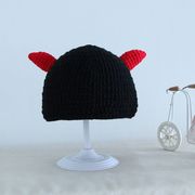 婴儿宝宝牛角帽儿童手工编织毛线，帽男童女童，针织秋冬亲子款休闲版