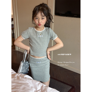 韩国夏装女童小香风短袖T恤上衣+a字半身短裙=时髦蕾丝边两件套装