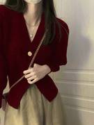 日系复古酒红色v领针织开衫女秋冬季短款收腰毛衣外套圣诞节上衣
