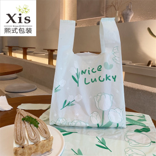 浅绿底郁金香塑料手提打包袋外卖烘培包装袋玩具塑料袋子