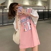 篮球服女假两件t恤女生，球衣背心女童篮球衣女，款短袖韩版粉色上衣
