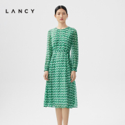 LANCY/朗姿2024春季新款中长款图形印花收腰通勤真丝连衣裙子女