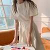 韩国chic夏季温柔简约圆领，褶皱感系带收腰纯色，短袖连衣裙长裙女