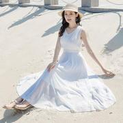 2023夏女沙滩裙海边旅游度假三亚雪纺长裙v领显瘦无袖白色连衣裙