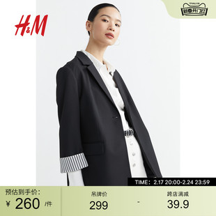 HM女装西装冬季女气质黑色翻边袖西服外套职业装1061432