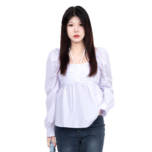 赫宁大码长袖上衣女2024春季微胖mm韩版设计感系带泡泡袖衬衫