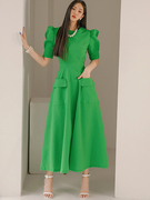 安娜杨家支持DINT韩国两侧袋泡泡袖系带连衣裙D4470