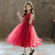 公主裙女童超仙秋洋气高档红色长款连衣裙演出服儿童主持人礼服女