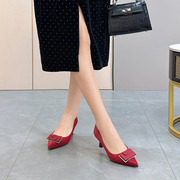 时尚丝绸布高跟鞋女富丽尖头单鞋办公室百搭时装款红色652-66