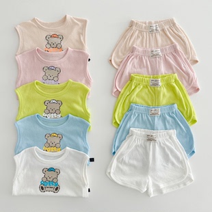 韩国婴幼童装超薄透气网眼，镂空短袖短裤，套装oottbebe小熊背心