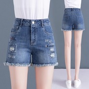 女士牛仔裤夏季薄款热裤2024年外穿毛边直筒，宽松显瘦高腰短裤