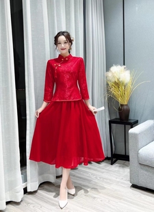 新中式红色旗袍敬酒服新娘秋季长袖两件套订婚礼服裙冬季婚服套装