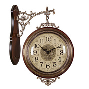 积匠欧式黄铜轻奢复古实木双面挂钟客厅家用时尚静音挂表创意时钟