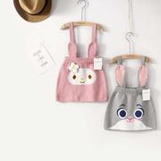 春季女童纯棉线针织，背带裙宝宝，包臀裙灰色粉色小兔可爱卡