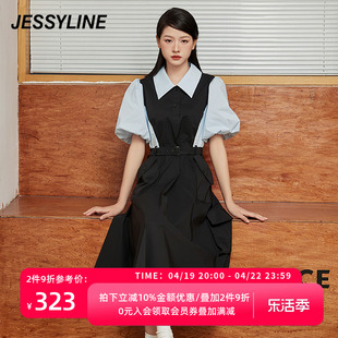 杰茜莱法式气质，高级感连衣裙美拉德夏女黑拼色长裙jessyline